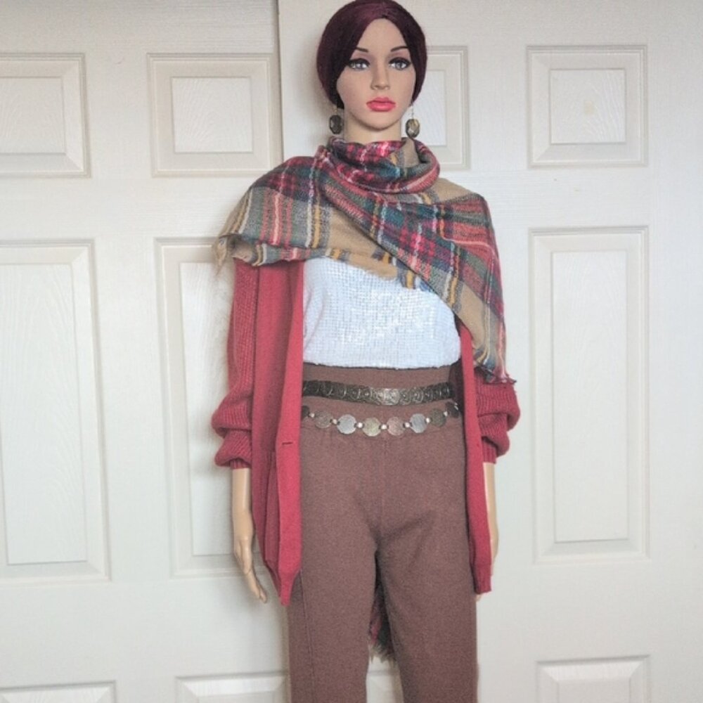 Classic knit cardigan, knit leggings and wrap ensemble